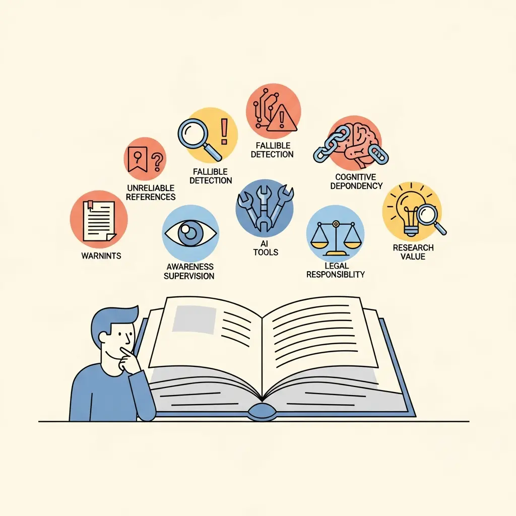 Representação visual das sete verdades ocultas sobre riscos de usar IA em trabalhos académicos, com ícones simbolizando citações falsas, deteção falível e dependência cognitiva