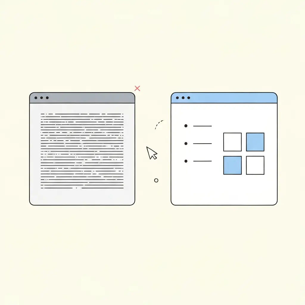 Comparação lado a lado entre um slide mal desenhado com excesso de texto e um slide bem desenhado com pontos-chave e espaço
