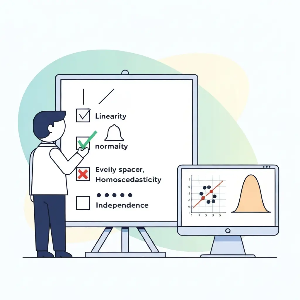 Ilustração de verificação de pressupostos estatísticos com checklist e gráficos de diagnóstico