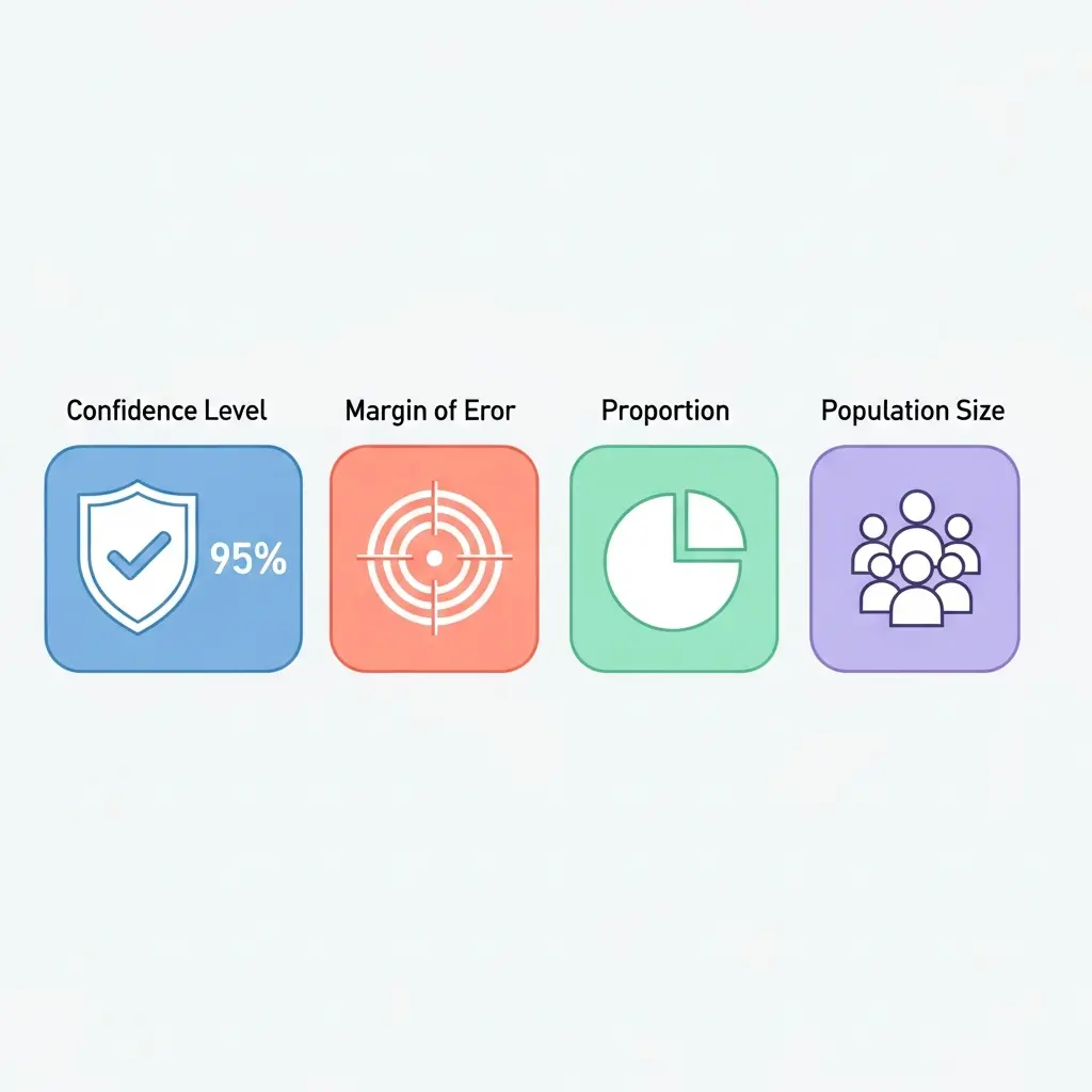 Infográfico dos quatro parâmetros estatísticos fundamentais: nível de confiança, margem de erro, proporção e tamanho da população