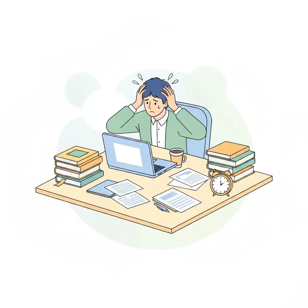 Estudante universitário stressado rodeado de livros e documentos