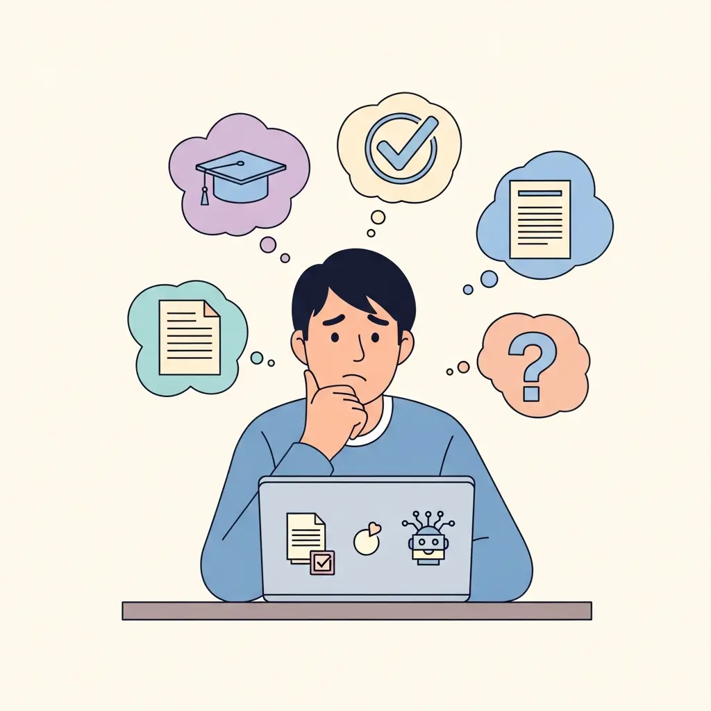 Estudante universitário a ponderar sobre o uso de IA na tese, com expressão pensativa junto ao portátil