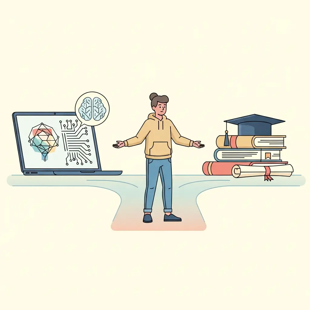 Estudante universitário a equilibrar ferramentas de IA e elementos académicos tradicionais