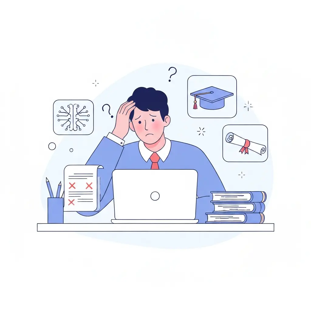 Estudante preocupado ao perceber erros no uso de IA na tese