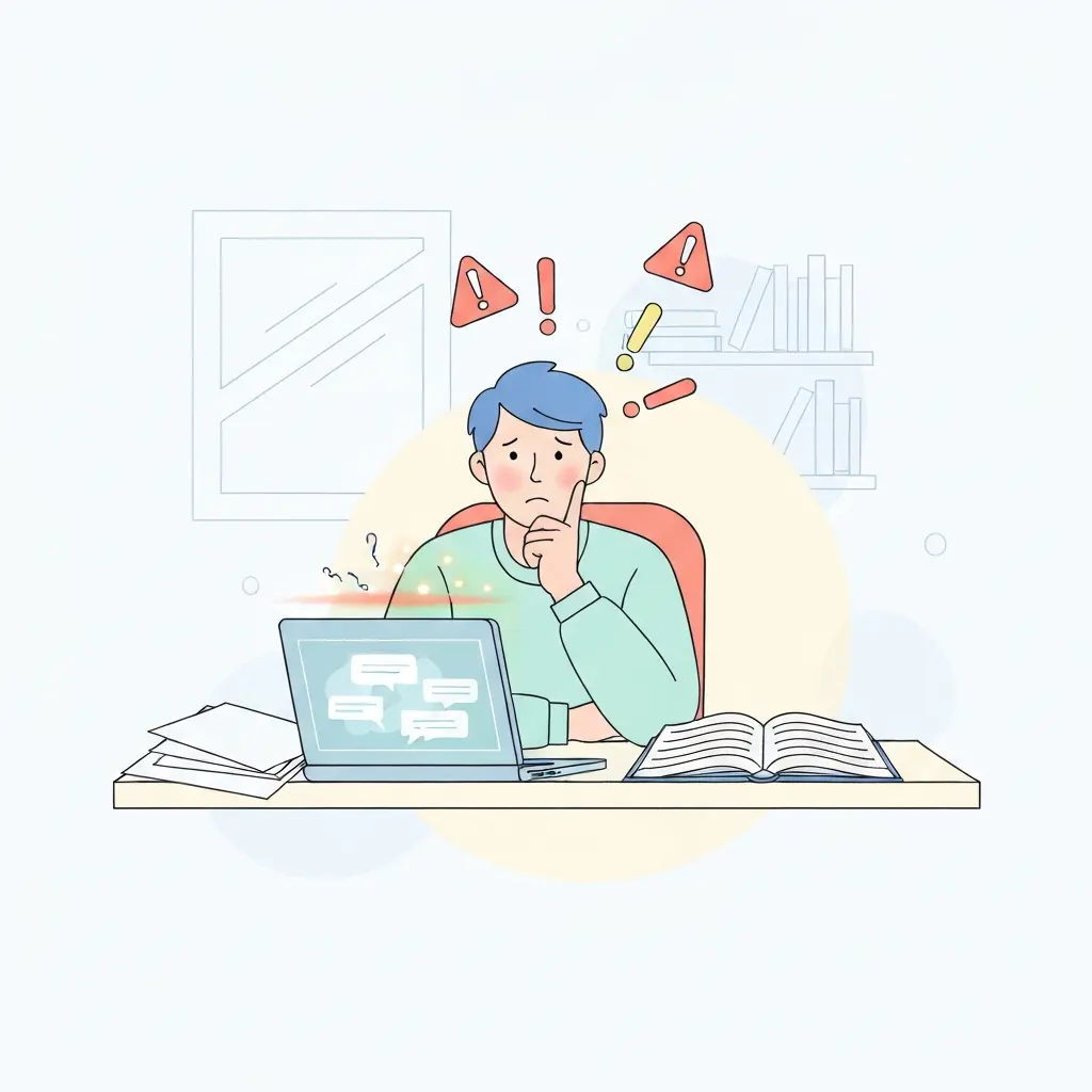 Estudante universitário confuso diante do computador com interface de IA, simbolizando os dilemas do uso de inteligência artificial na escrita académica