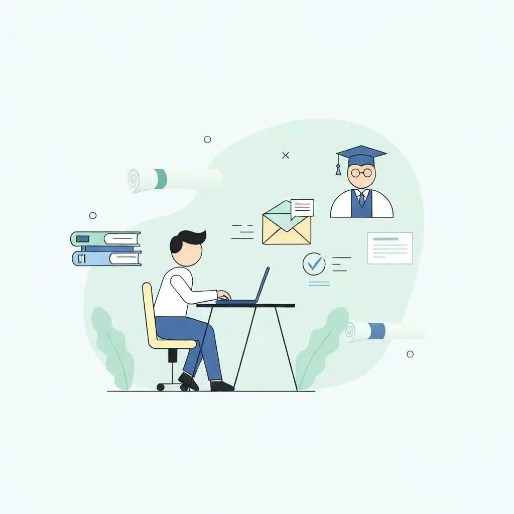 Ilustração de estudante a enviar email de autorização ao orientador para uso de IA na tese