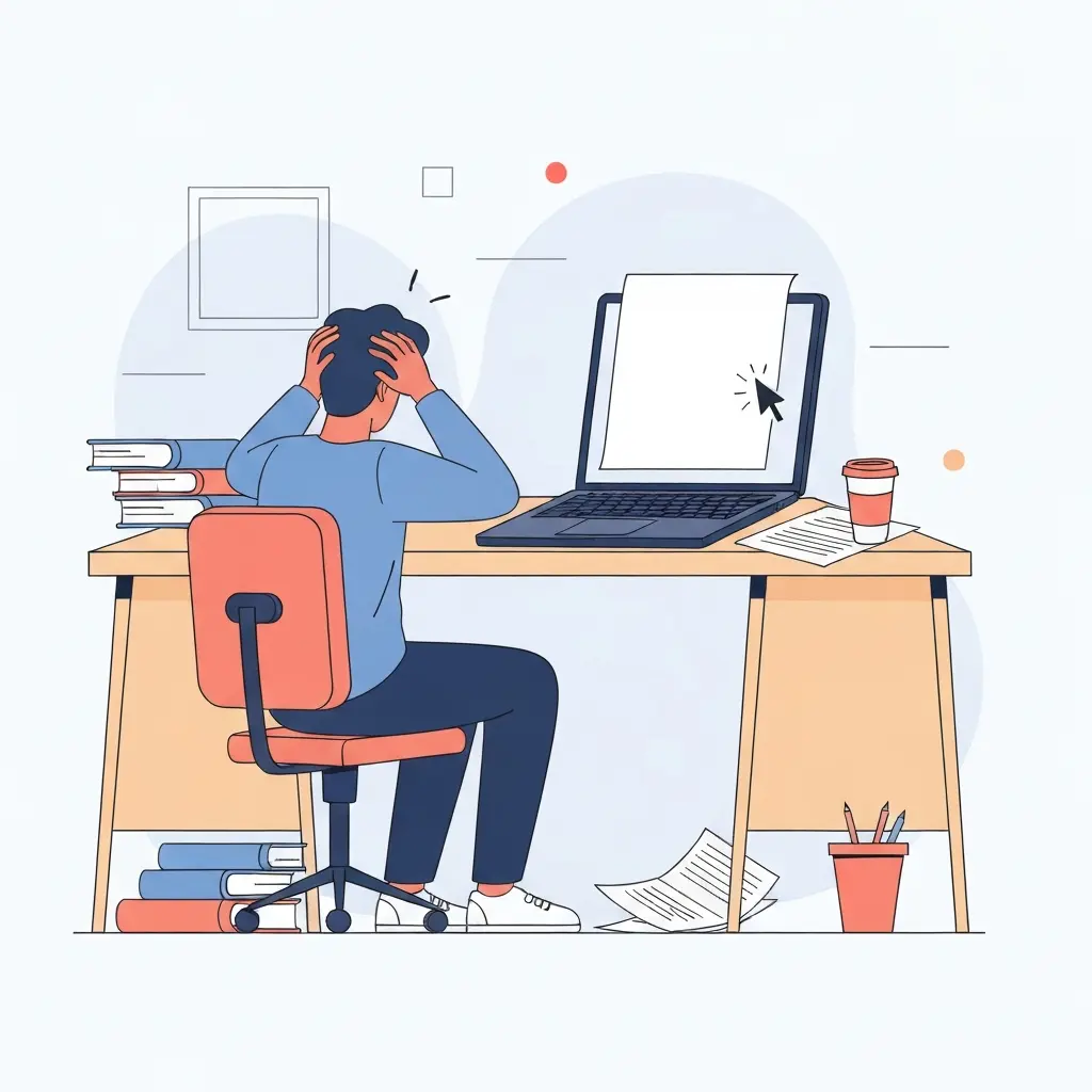 Estudante universitário paralisado diante de uma página em branco no computador, ilustrando a síndrome da página em branco