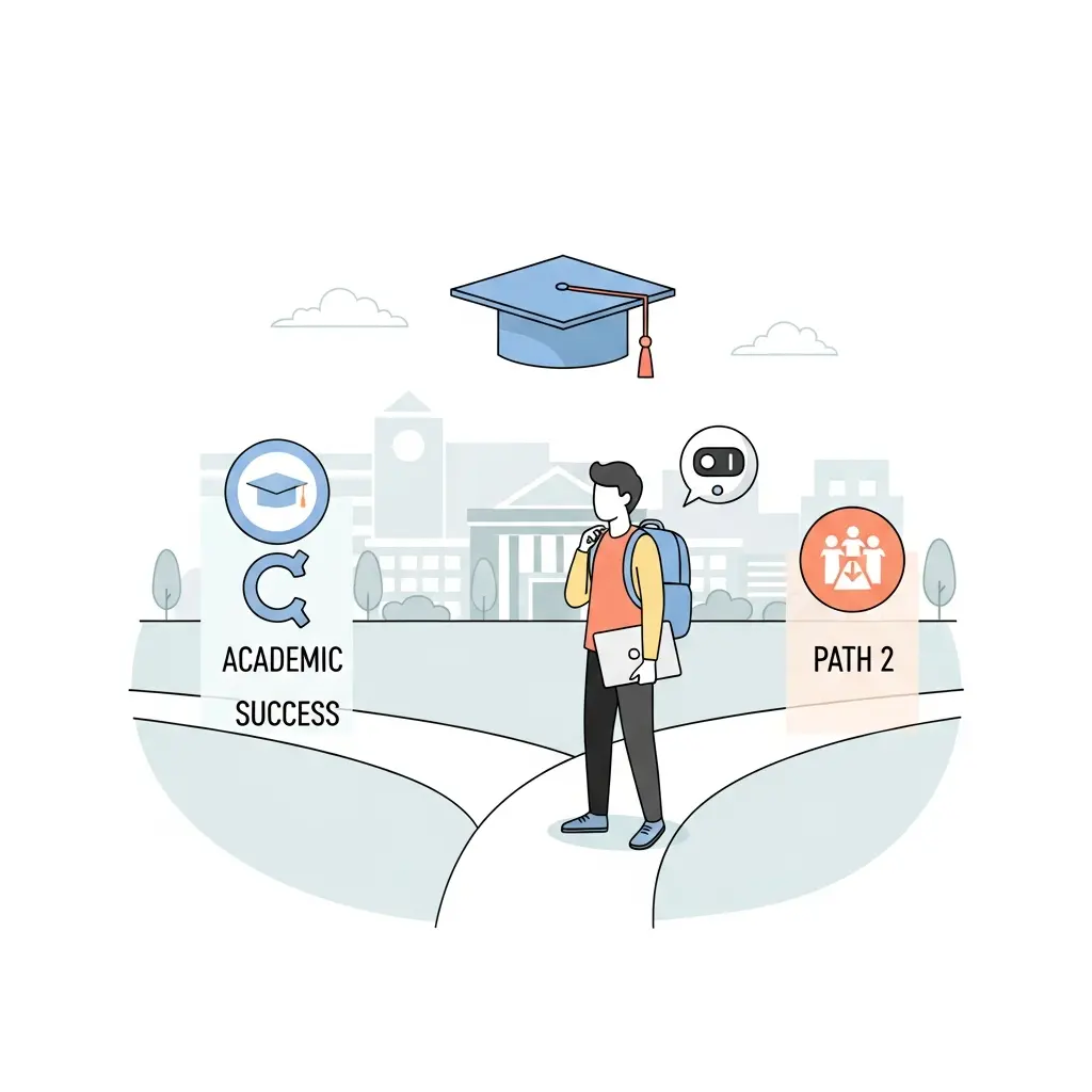 Estudante universitário numa encruzilhada simbólica, decidindo entre o caminho da integridade académica e o uso questionável de IA