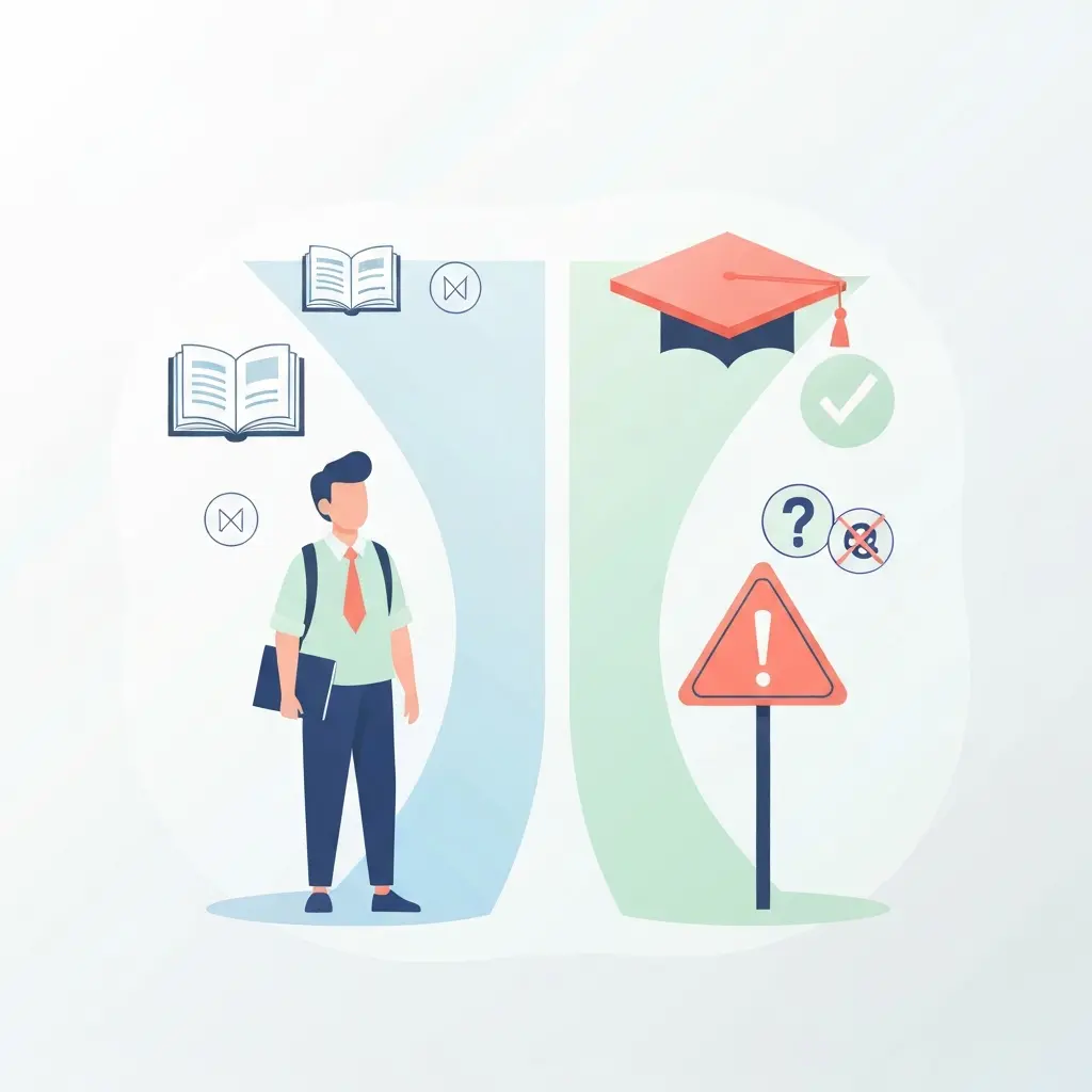 Estudante universitário numa encruzilhada simbólica entre o caminho da ética académica e as consequências da fraude