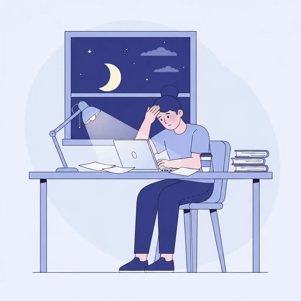 Estudante universitário a trabalhar na tese durante a noite, rodeado de papéis e com expressão de preocupação