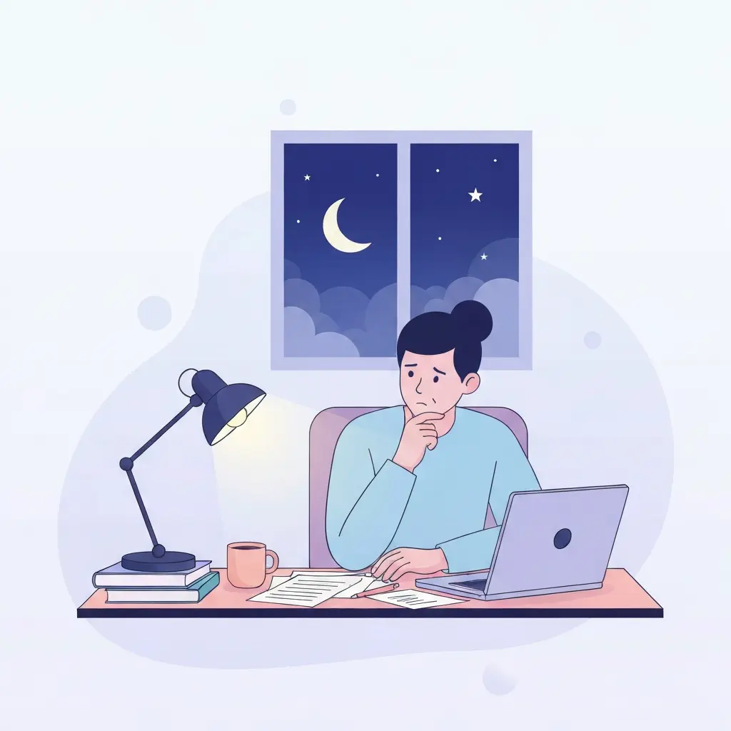 Estudante universitário a trabalhar no laptop às 3h da manhã, ponderando o uso de IA na tese