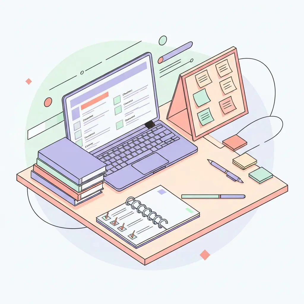 Estudante sobrecarregado com pilhas de papéis e livros na secretária, calendário com prazos ultrapassados ao fundo