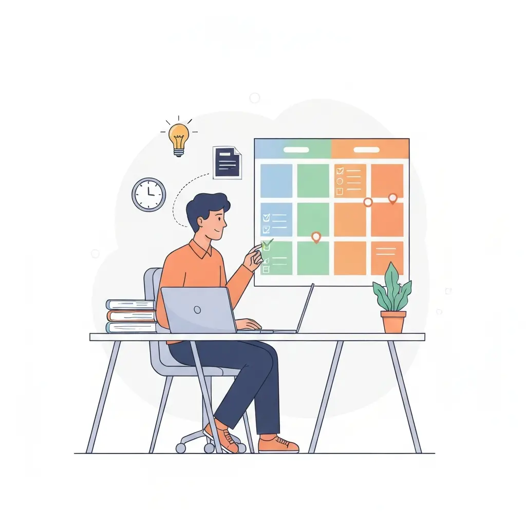 Estudante a planear a sua tese de mestrado com calendário dividido em três fases