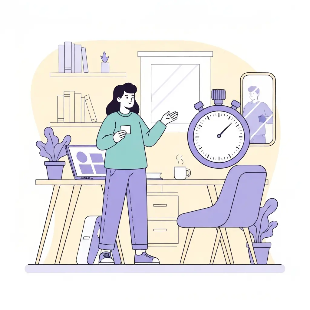 Estudante a praticar a apresentação da tese sozinho no quarto com cronómetro visível