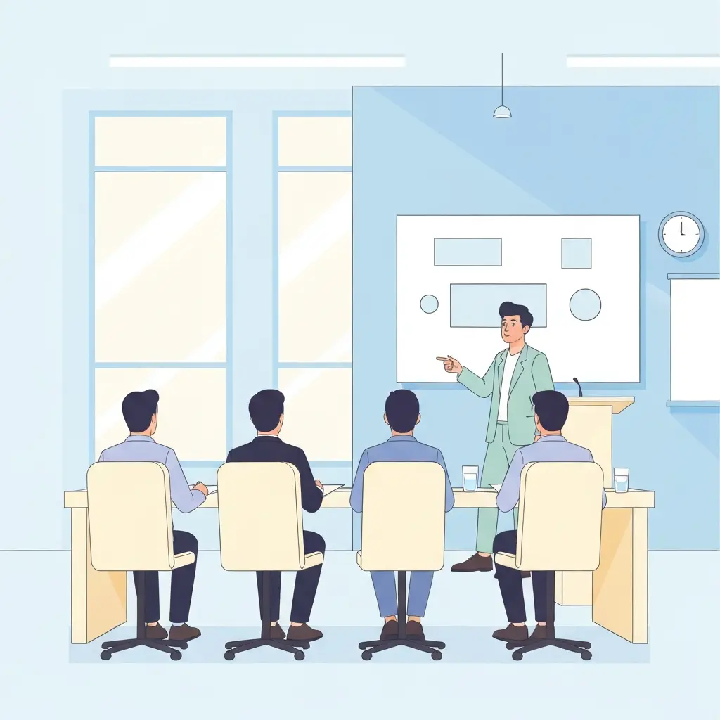 Estudante universitário a apresentar o seu trabalho final perante o júri académico numa sala moderna e iluminada