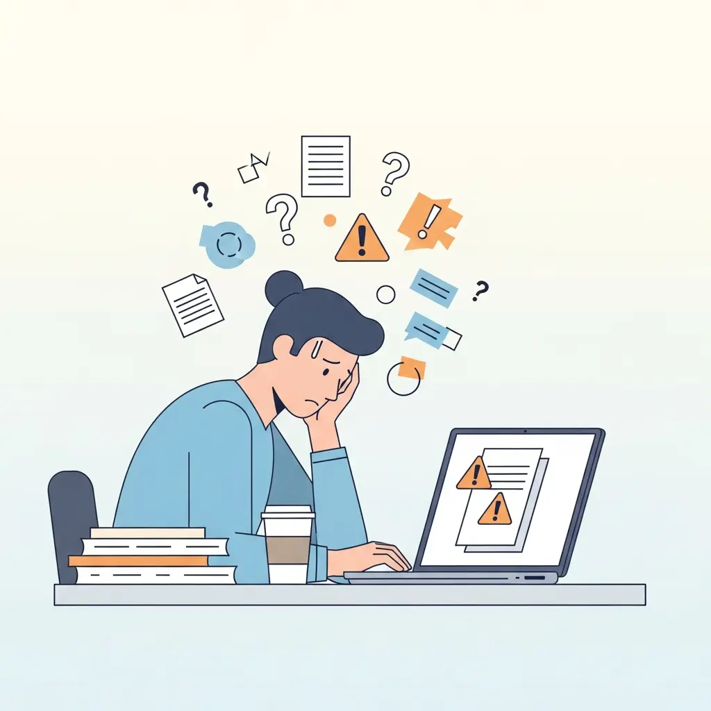 Estudante universitário stressado a enfrentar dúvidas sobre o uso correto de IA na tese