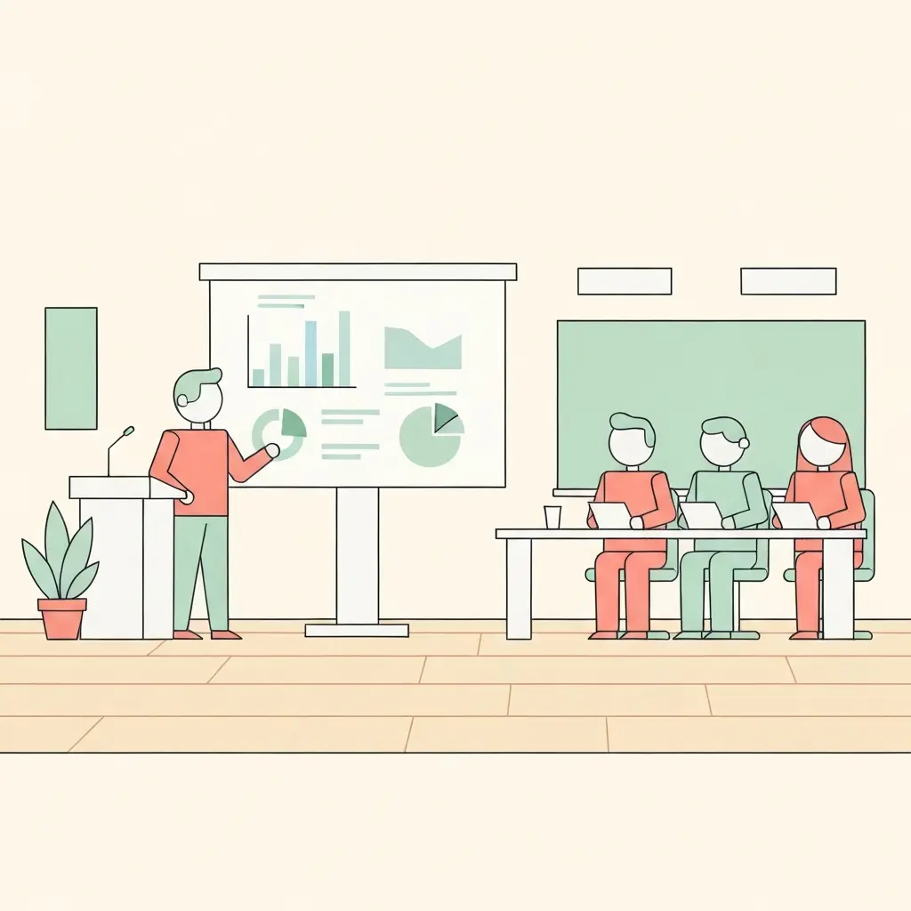 Ilustração de uma defesa de tese universitária com estudante a apresentar perante banca examinadora