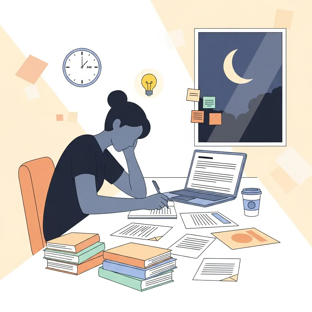 Estudante a escrever a tese genuinamente, representando o trabalho autêntico que pode ser injustamente sinalizado