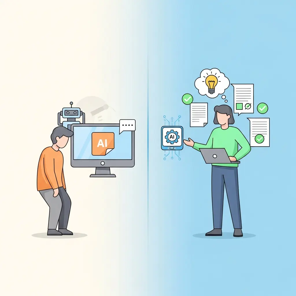 Comparação entre abordagem correta e incorreta ao usar IA em trabalhos académicos