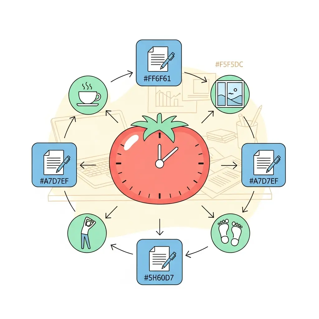 Ilustração da Técnica Pomodoro com timer em formato de tomate e ciclos de trabalho focado intercalados com pausas