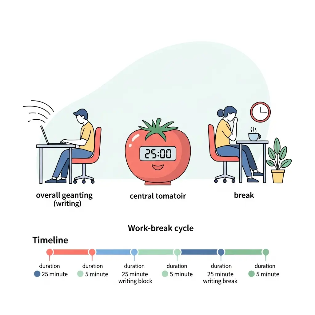 Ilustração da técnica Pomodoro adaptada para escrita académica, mostrando blocos de 25 minutos de escrita seguidos de pausas