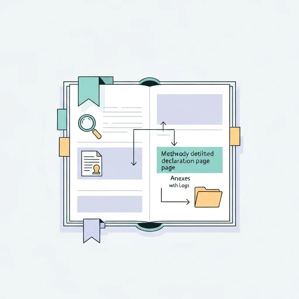 Ilustração da estrutura de uma tese com indicação dos locais corretos para declaração de uso de IA