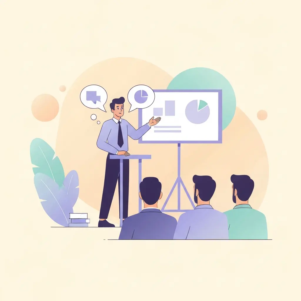 Ilustração de estudante confiante a defender tese perante banca avaliadora