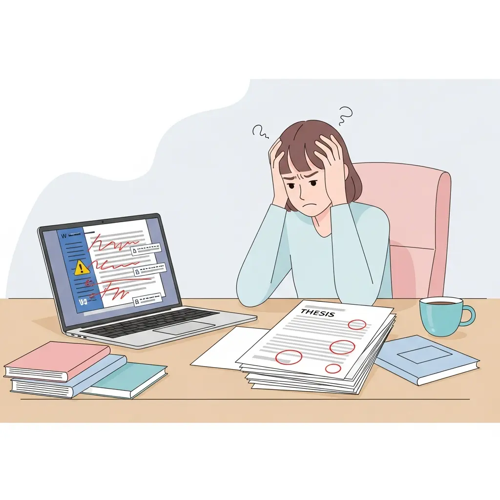Estudante universitário frustrado com erros de formatação de tese no computador portátil