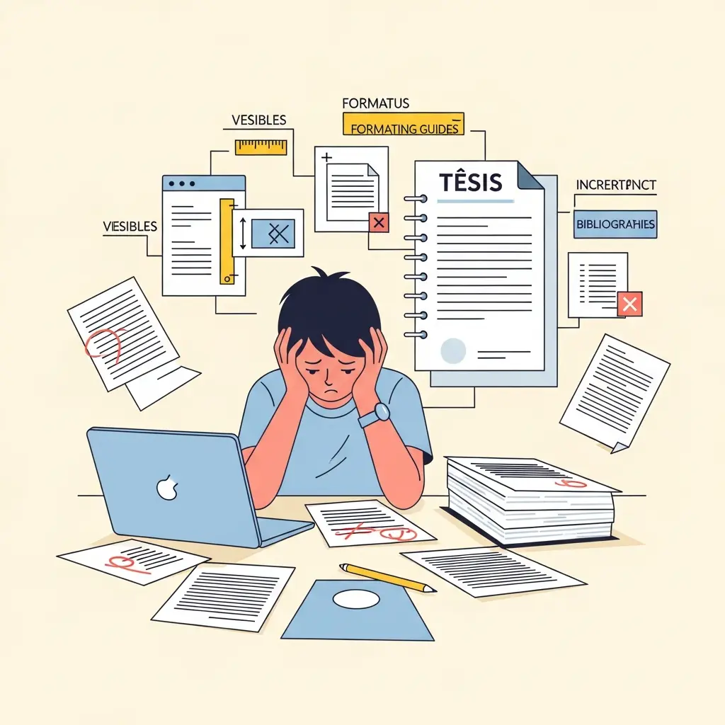 Estudante frustrado rodeado de documentos com marcas de correção — a realidade de muitos mestrandos portugueses