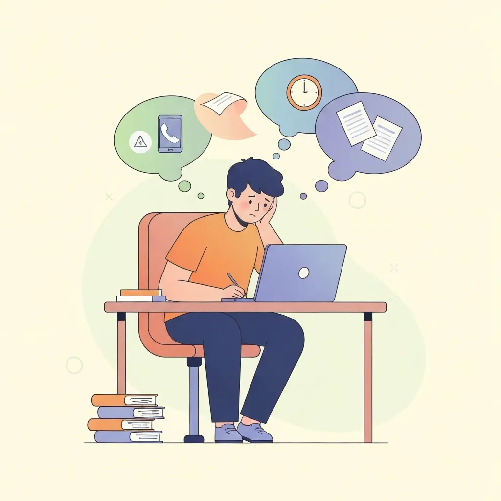 Estudante a olhar para o computador com ar distraído e preocupado, rodeado de pensamentos sobre distrações