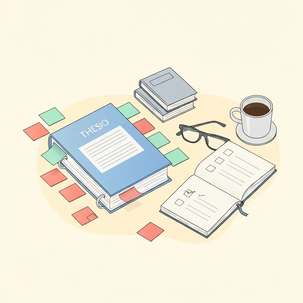 Mesa de estudo organizada com tese marcada com post-its coloridos