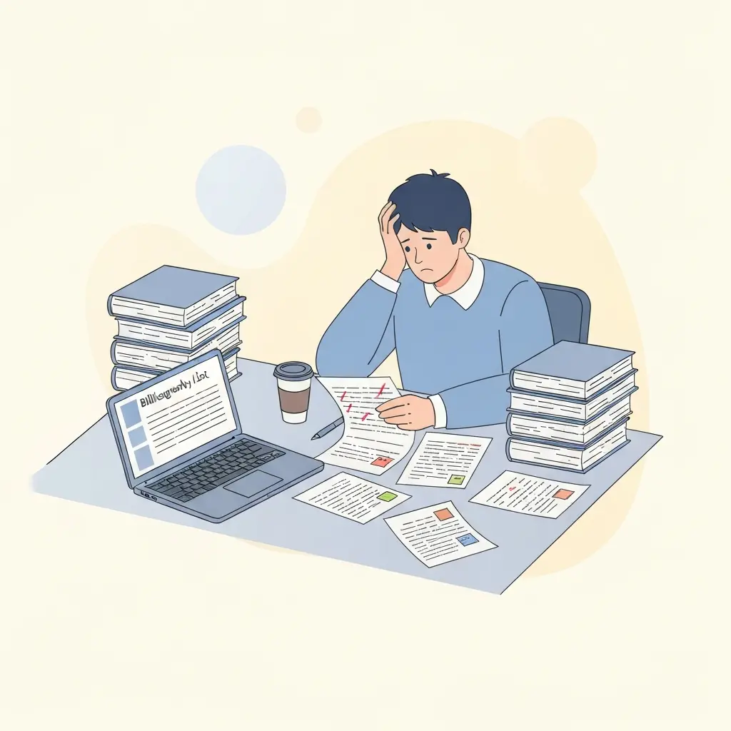 Estudante universitário rodeado de papéis e correções vermelhas, ilustrando o stress da gestão de referências bibliográficas