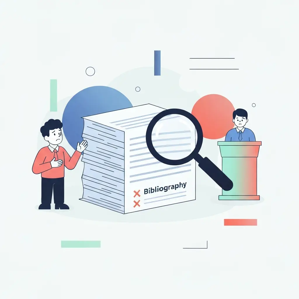 Ilustração representando a avaliação académica de uma tese com erros bibliográficos destacados