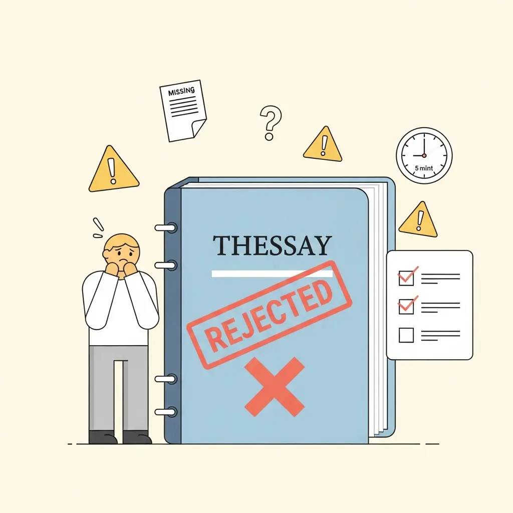 Ilustração de tese rejeitada por erros de autorização de IA, mostrando documento com marca de rejeição e estudante preocupado