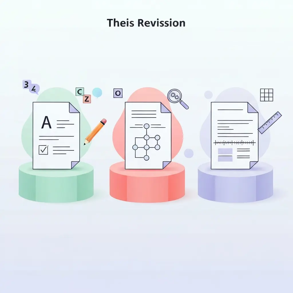 Três tipos de revisão de tese representados por documentos distintos: linguística, técnica e formatação