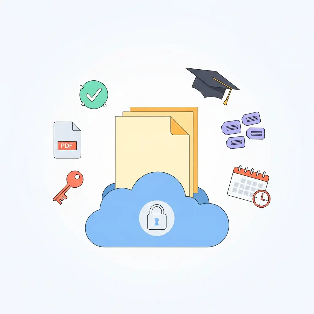 Documento a ser depositado num repositório digital com ícones de checklist, PDF e autorização