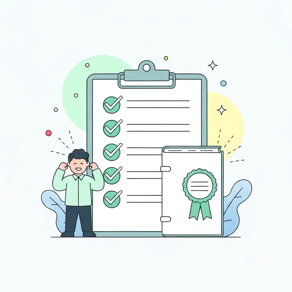 Ilustração de checklist de verificação de tese académica com símbolos de aprovação e sucesso