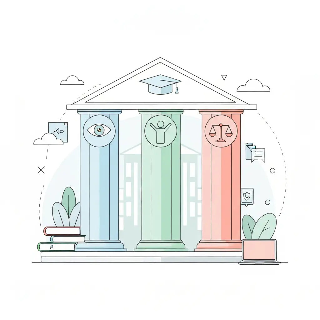 Os três pilares do uso ético de IA na academia: Transparência, Responsabilidade e Integridade representados como colunas que sustentam o sucesso académico