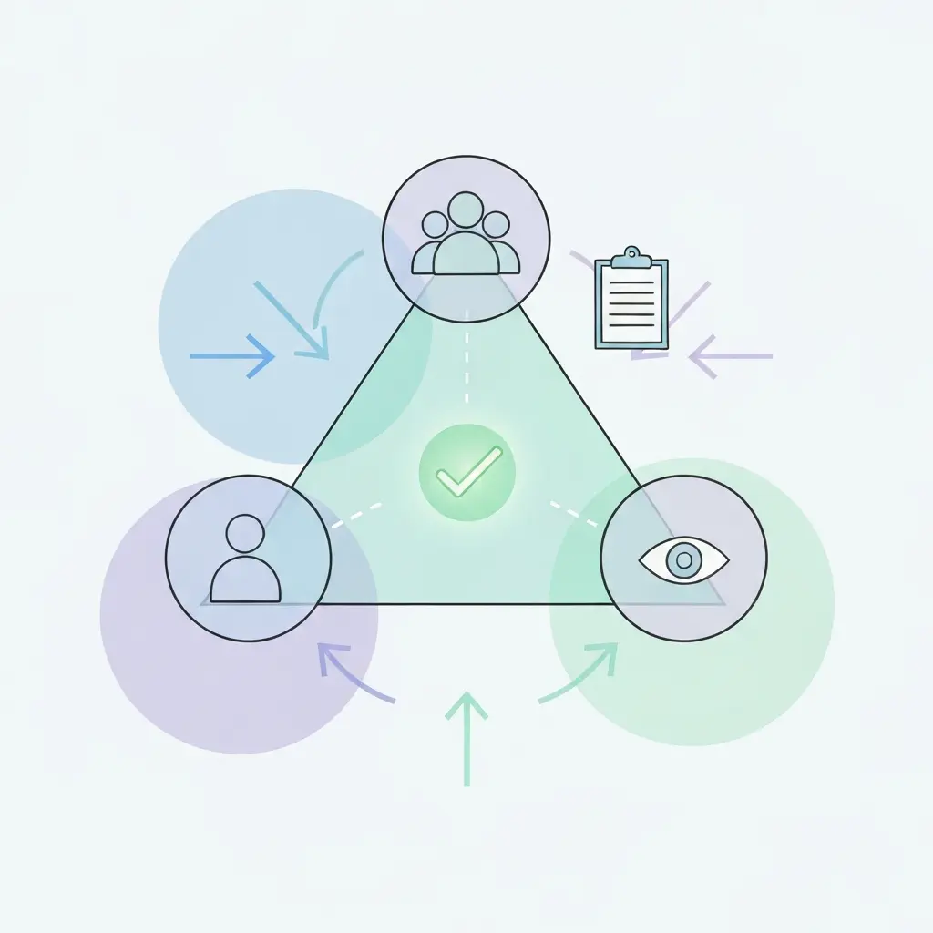 Diagrama visual mostrando triangulação de fontes, métodos e investigadores convergindo para validação de resultados