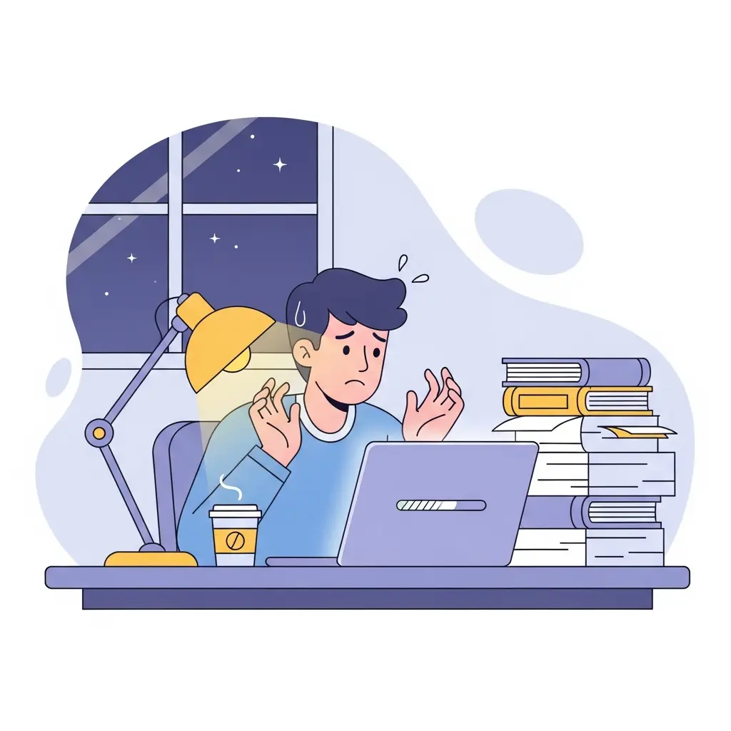 Estudante universitário ansioso a olhar para o portátil durante a noite, aguardando resultados do Turnitin