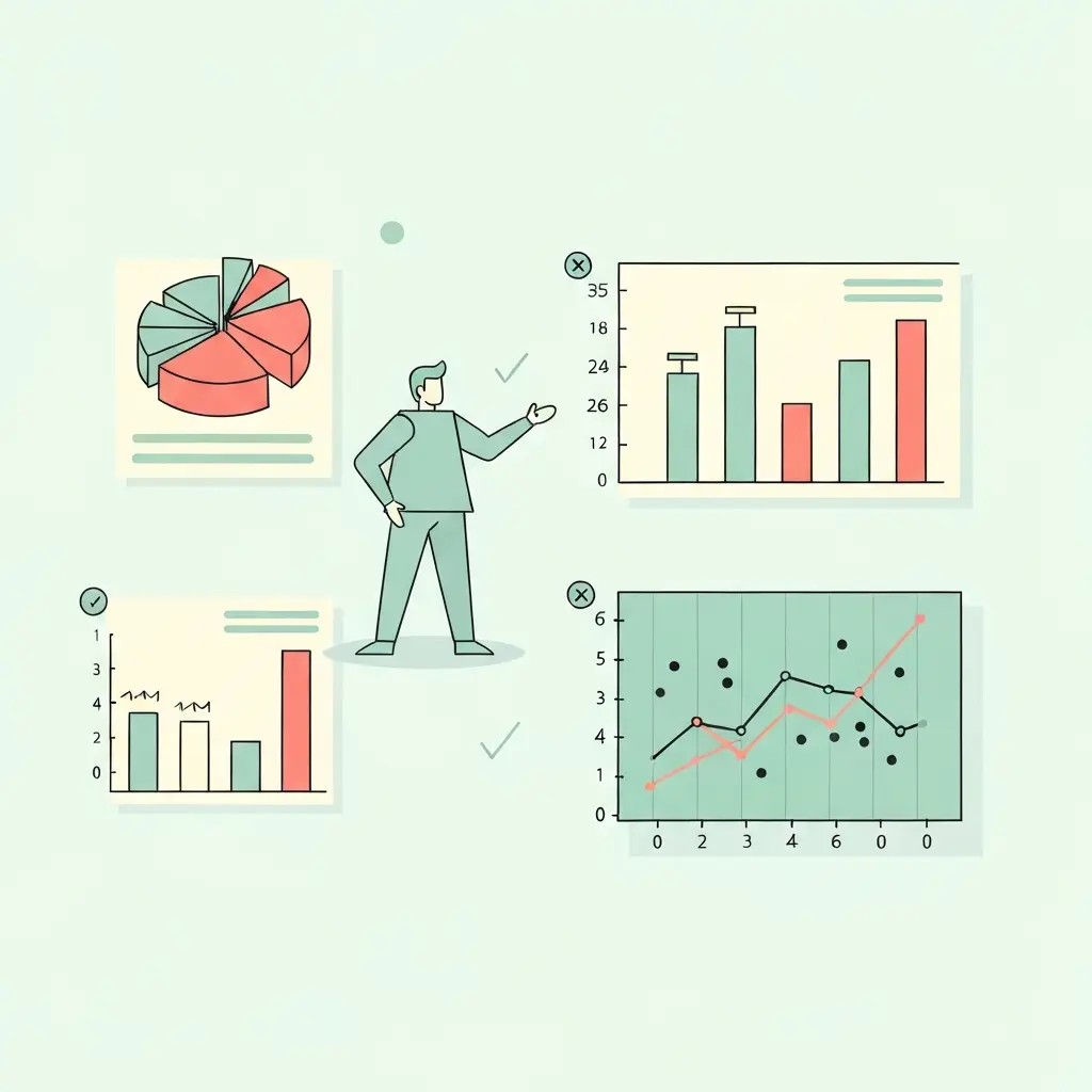 Comparação entre boas práticas de visualização de dados (gráficos claros) e más práticas (gráficos confusos e enganadores)