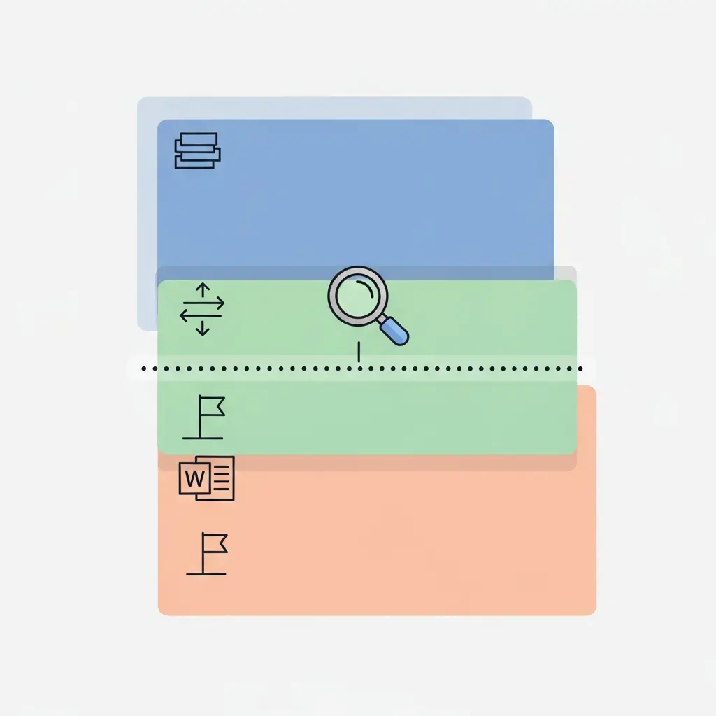 Representação visual de quebras de seção num documento Word organizado por cores