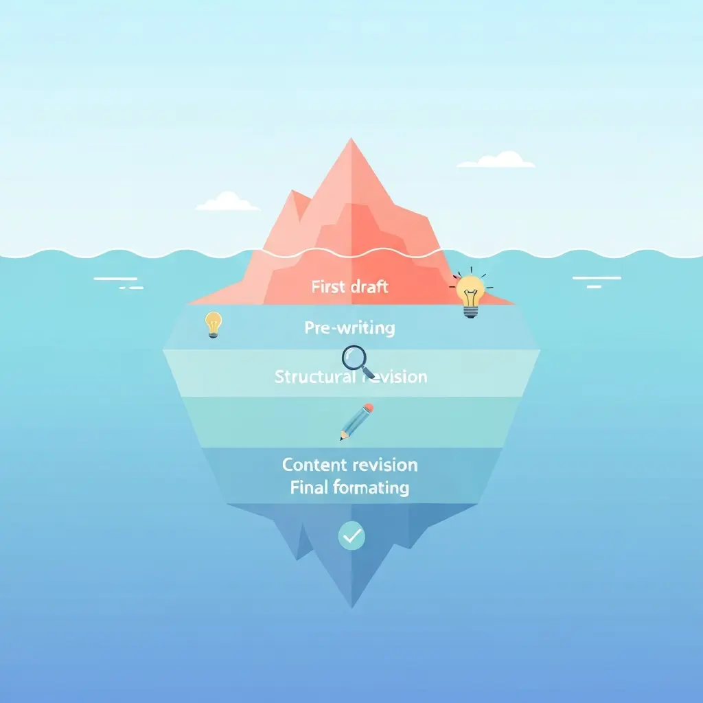 Metáfora do iceberg representando as fases escondidas da escrita da tese