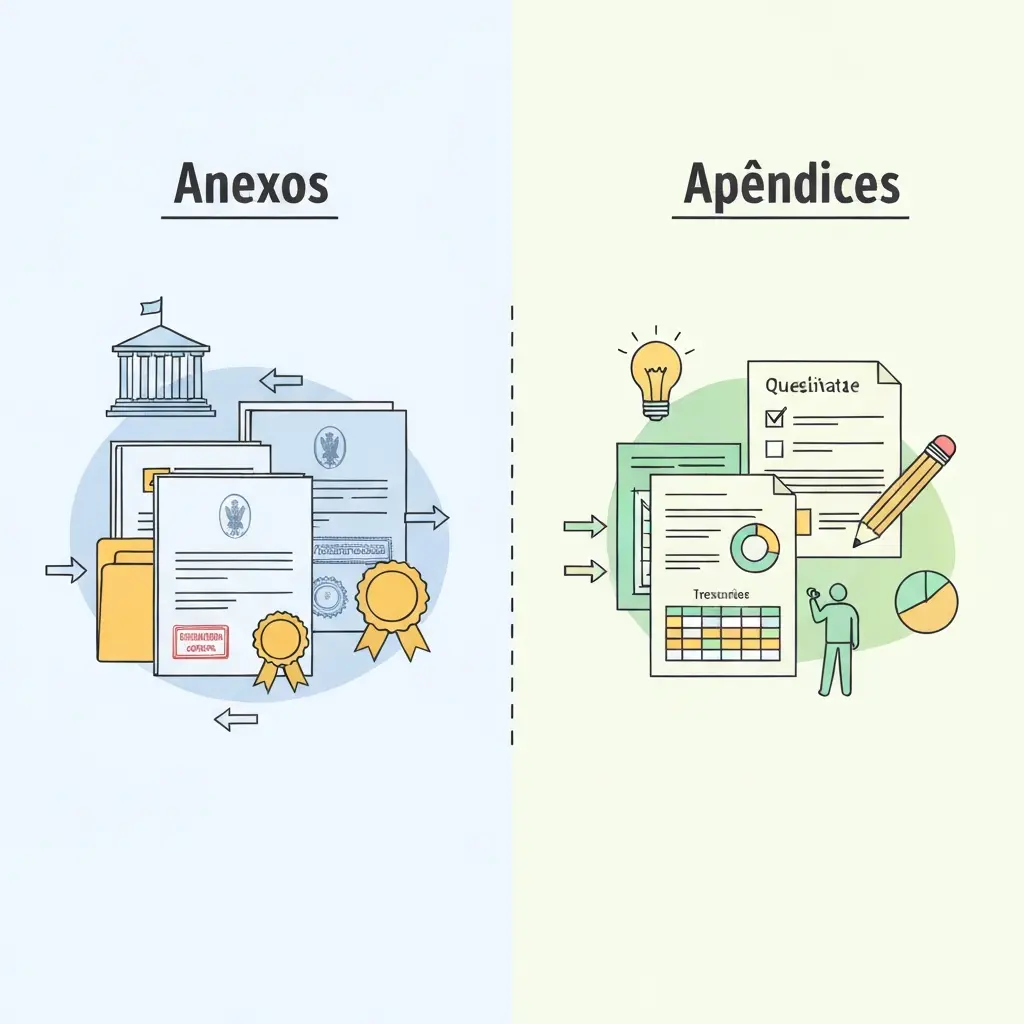 Ilustração comparativa mostrando a diferença entre anexos de tese (documentos externos como legislação e autorizações) e apêndices (materiais criados pelo autor como questionários e entrevistas)