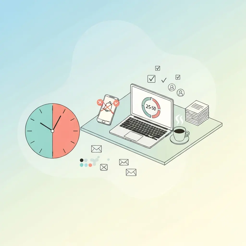 Ilustração de blocos de escrita focada para tese académica mostrando temporizador, eliminação de distrações e progresso de páginas