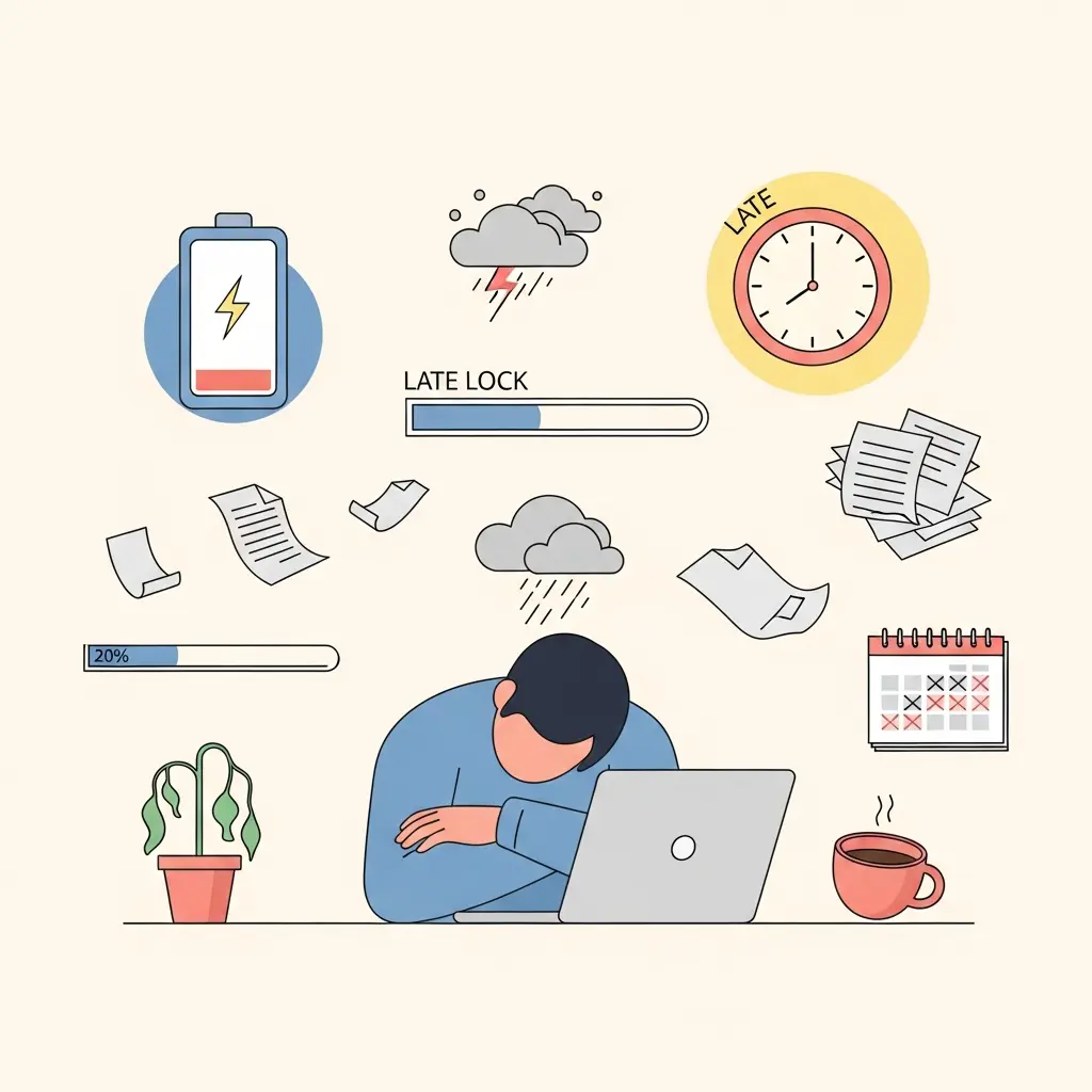 Ilustração dos sinais de alerta do burnout académico mostrando estudante exausto com símbolos de esgotamento como bateria vazia e nuvens de tempestade