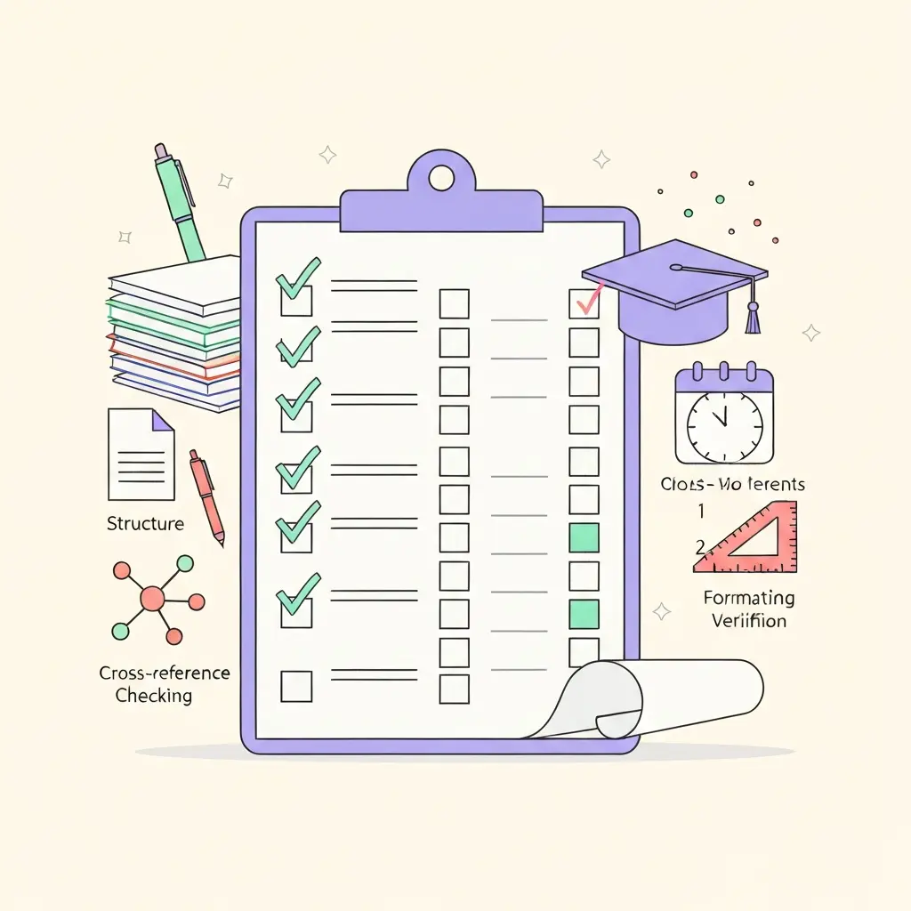 Checklist visual de validação de anexos de tese com múltiplas categorias verificadas, incluindo estrutura, referências cruzadas, formatação e paginação, simbolizando aprovação académica