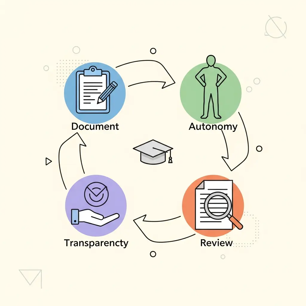 Representação visual do Framework DART para uso ético de IA na escrita académica, mostrando os quatro pilares: Documentar, Autonomia, Revisão e Transparência