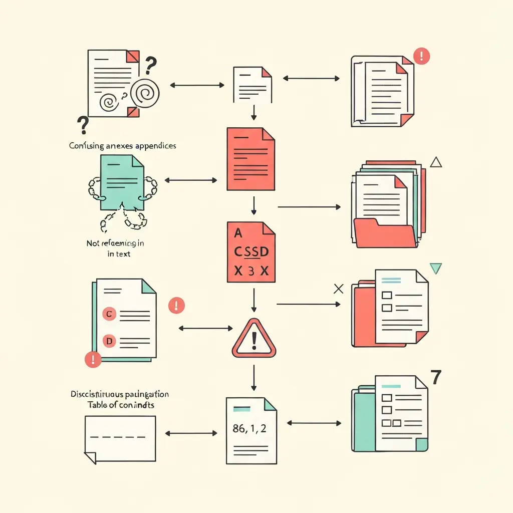 Infográfico vertical mostrando os 7 erros fatais em anexos de tese: confusão anexos/apêndices, falta de referência no texto, numeração incorreta, ausência no índice, paginação descontínua, excesso de material e formatação inconsistente