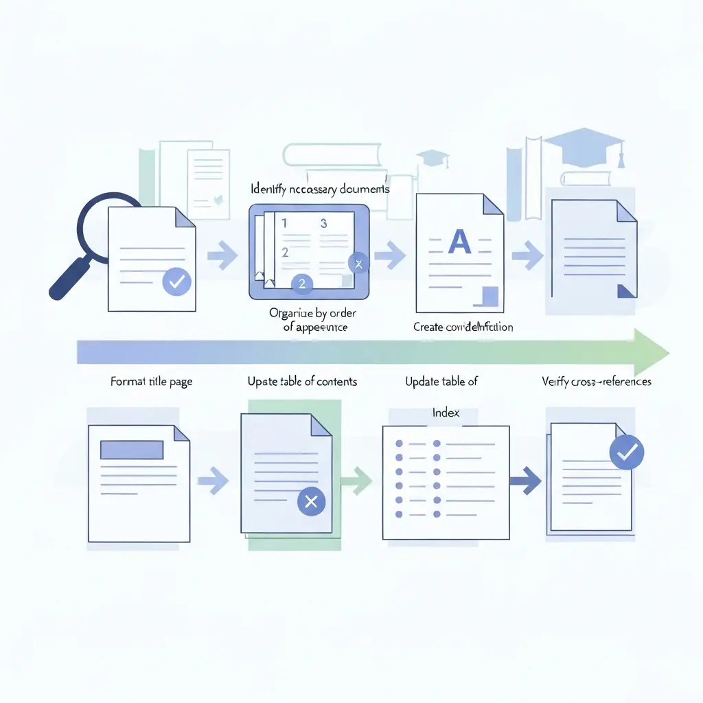 Diagrama mostrando os 6 passos para estruturar corretamente os anexos de uma tese: identificar documentos, organizar por ordem, criar identificação, formatar página de rosto, atualizar índice e verificar referências
